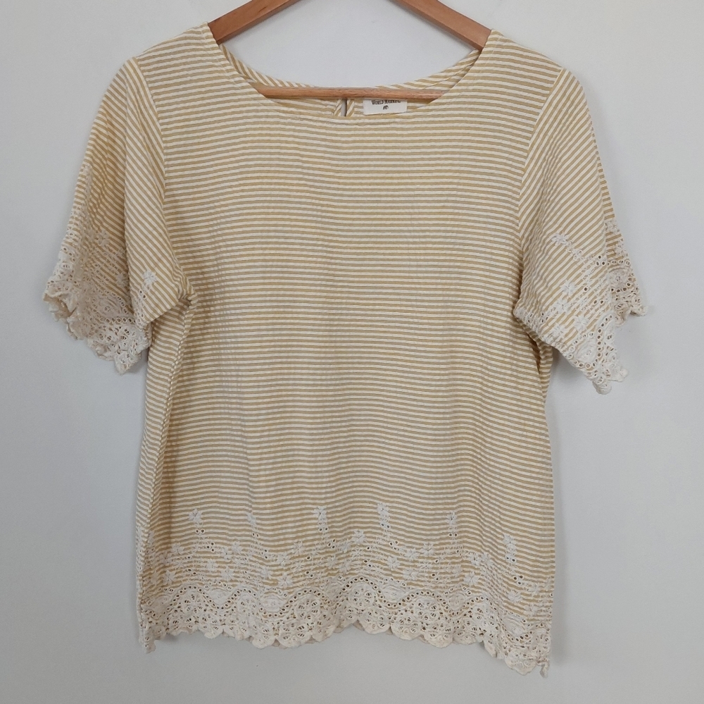 World Market Seersucker Embroidered Crochet Lace Trim Top, S/M